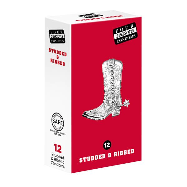Four seasons - studs & ribs 12 pack condoms -  box side view | Flirtybay.com.au